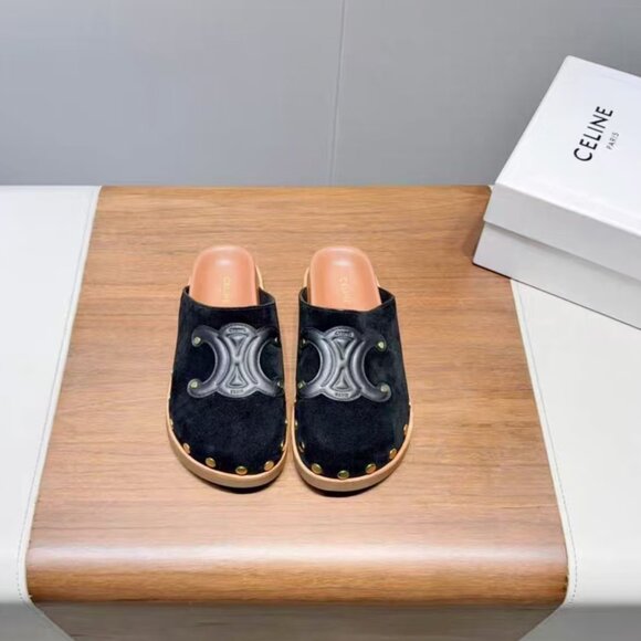 Celine Shoes - Celine Black Suede Mules with Gold Studs and Logo